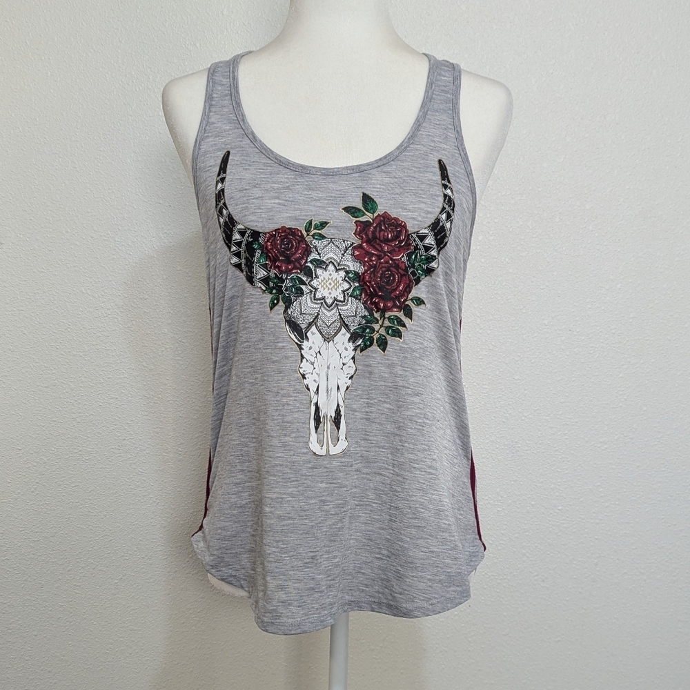 Rock & Suede Grey Rose Skull Print Razorback Tank Size Medium